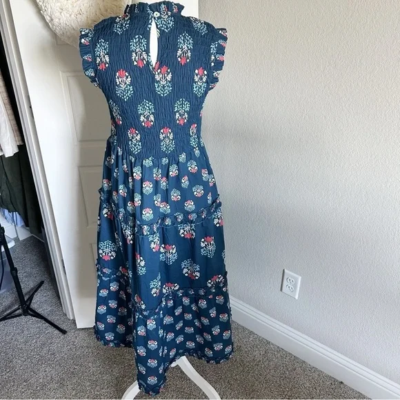 Ward Smocked Block Print Midi Dress Mud Pie Size S Navy - Picture 4 of 10
